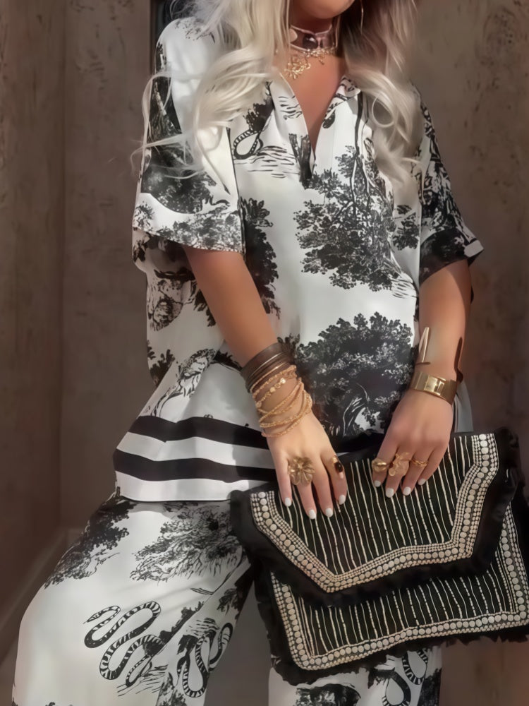 Animal Print V-Neck Wide Sleeve Two Piece Set
