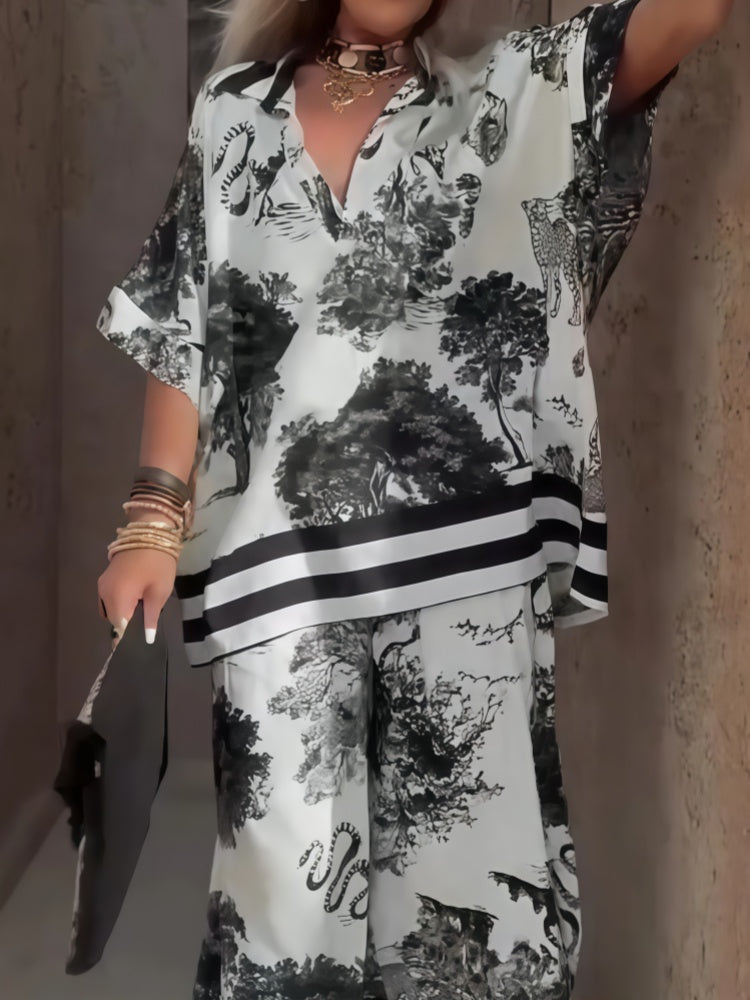 Animal Print V-Neck Wide Sleeve Two Piece Set