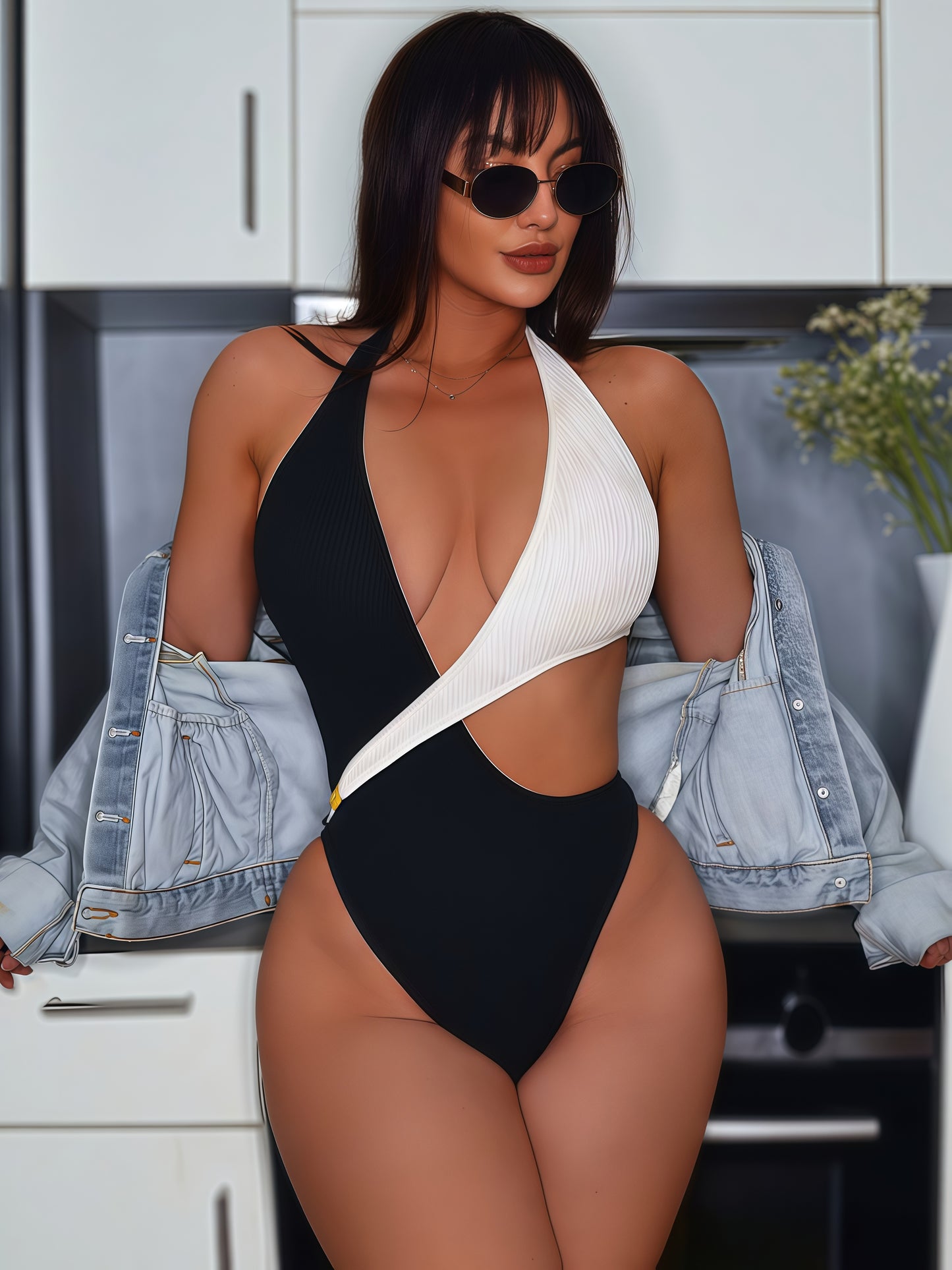 Contrast Cut-Out One-Piece Swimsuit