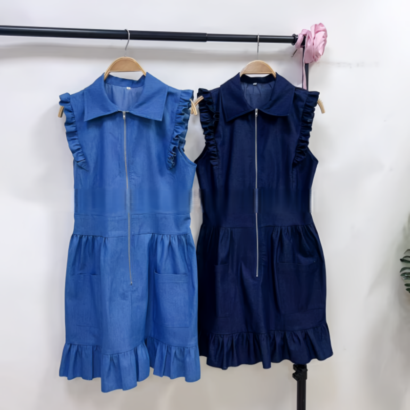 Ruffle Sleeve Zip Front Denim Mini Dress