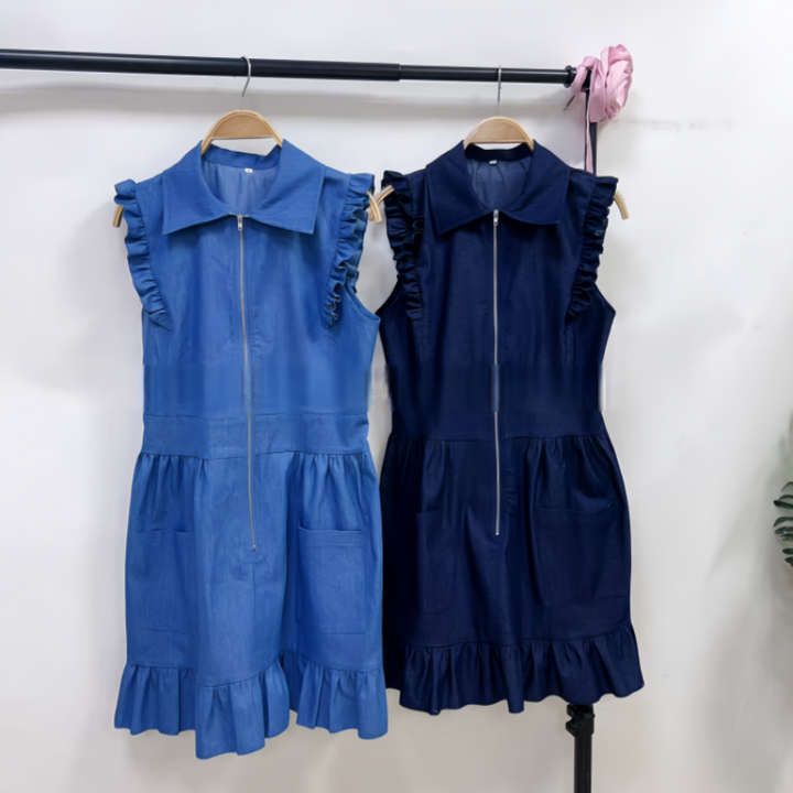 Ruffle Sleeve Zip Front Denim Mini Dress