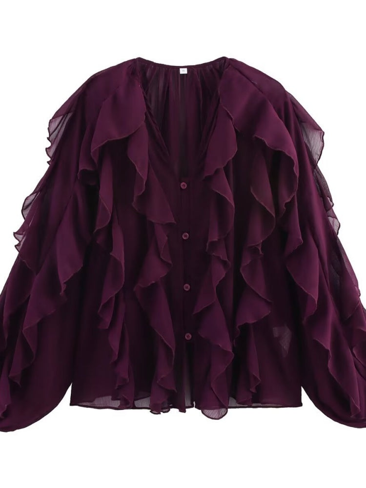 V-Neck Ruffled Long Sleeve Blouse