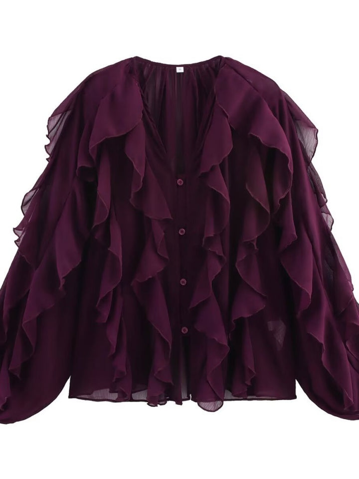 V-Neck Ruffled Long Sleeve Blouse