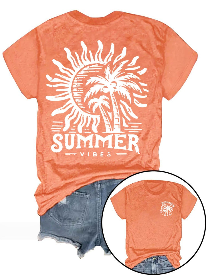 Summer Vibes Sun &amp; Palm Print V-Neck T-Shirt