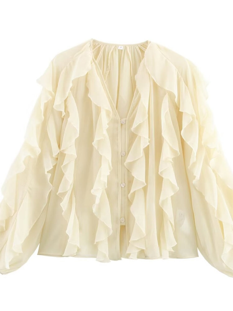 V-Neck Ruffled Long Sleeve Blouse