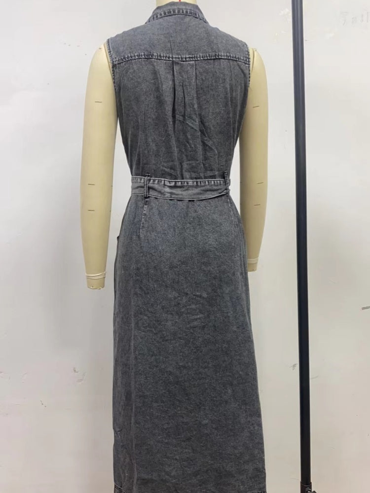 Sleeveless Button-Front Denim Maxi Dress
