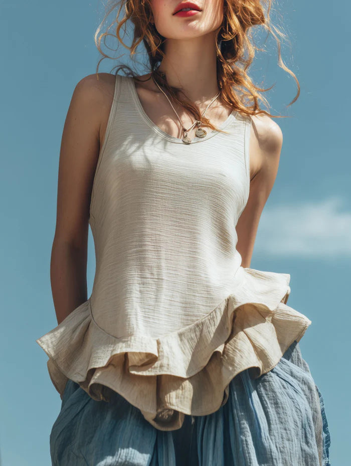 Women’s Sleeveless Ruffle Hem Cotton Linen Top