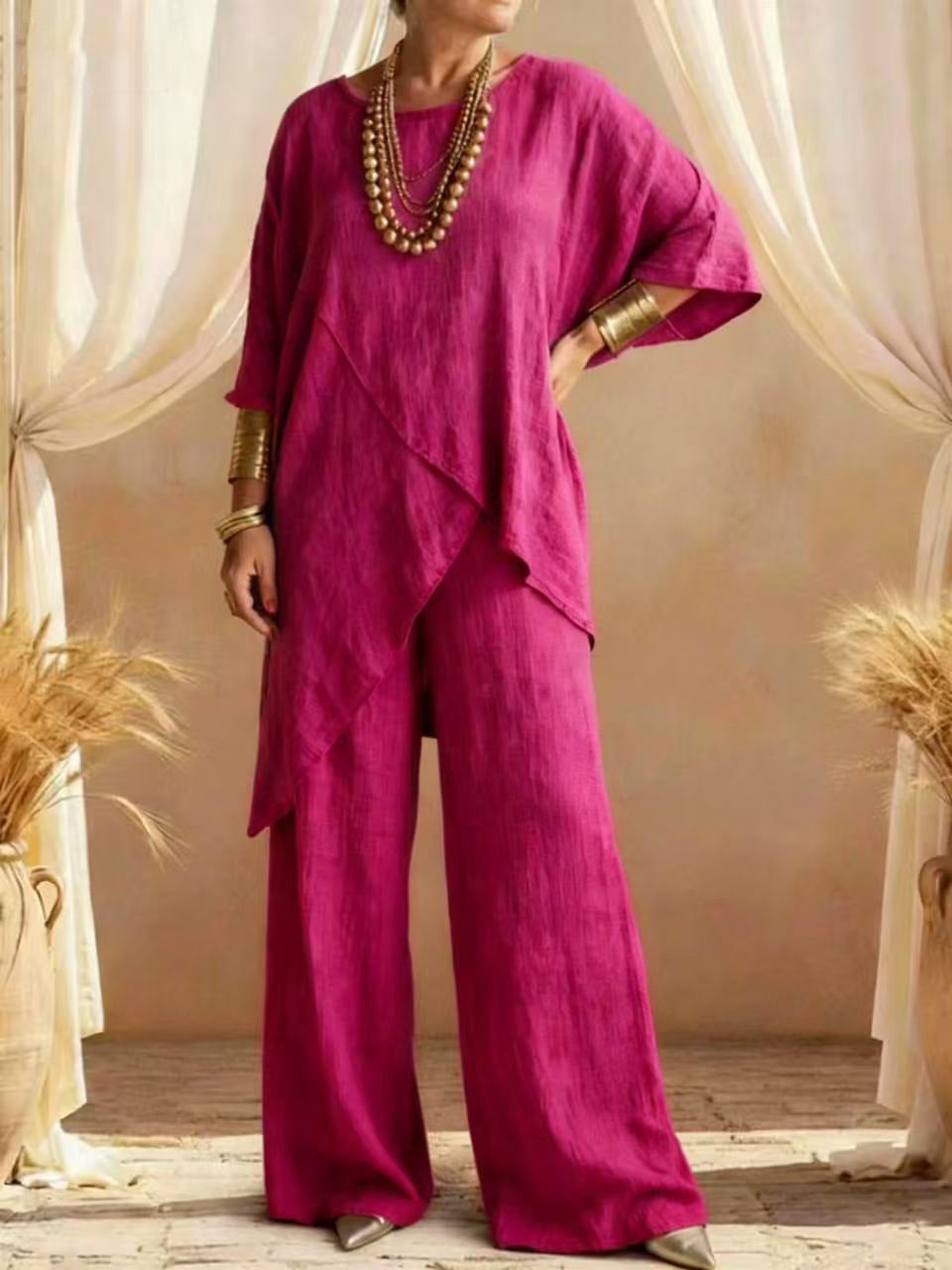 Casual Cotton-Linen Asymmetrical Two-Piece Set