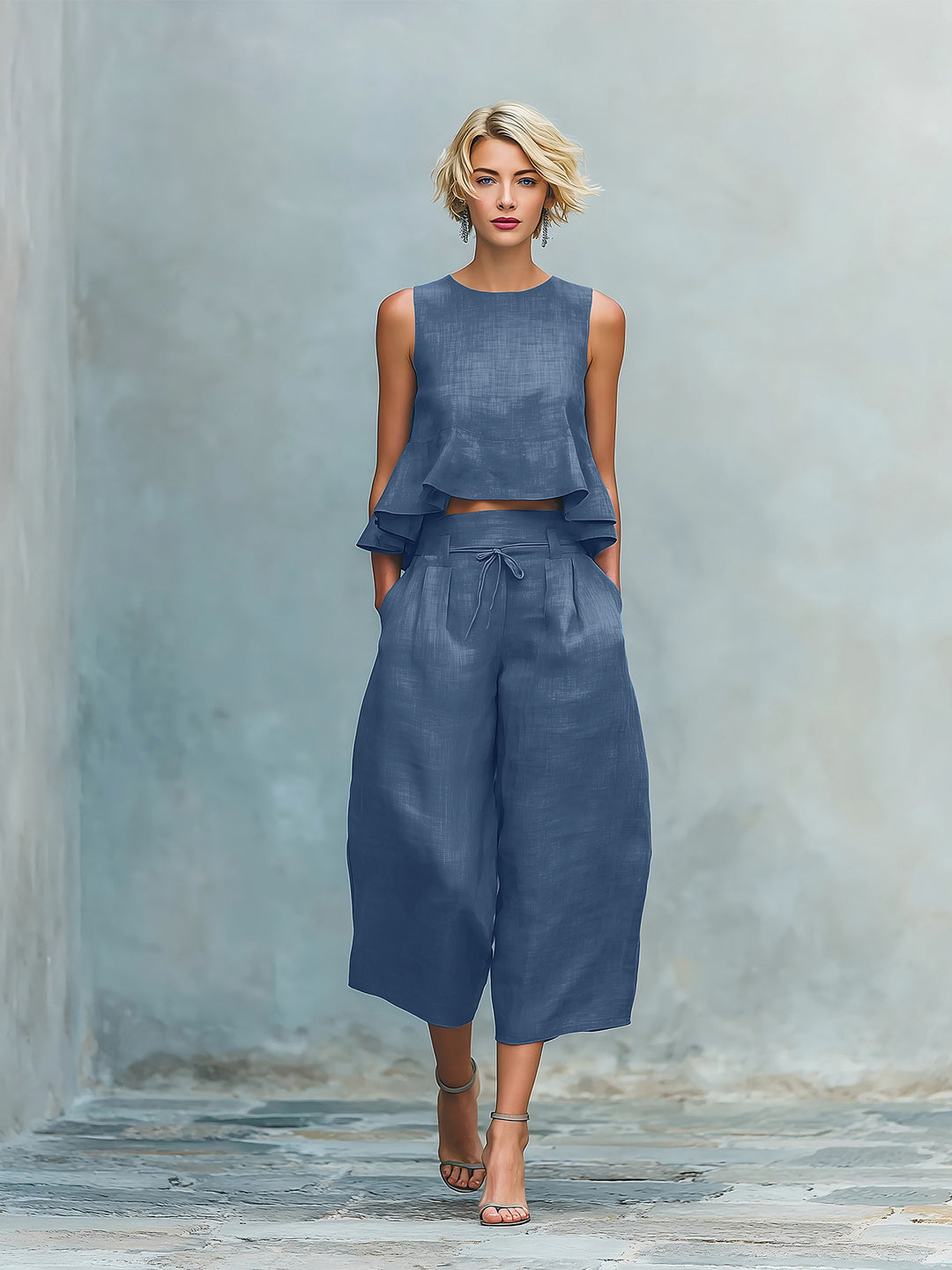 Linen-blend ruffled two-piece set