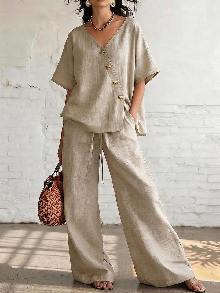 Short-sleeved diagonally buttoned top and drawstring wide-leg pants set