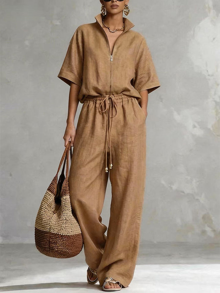 Half-zip stand-up collar top and wide-leg pants suit