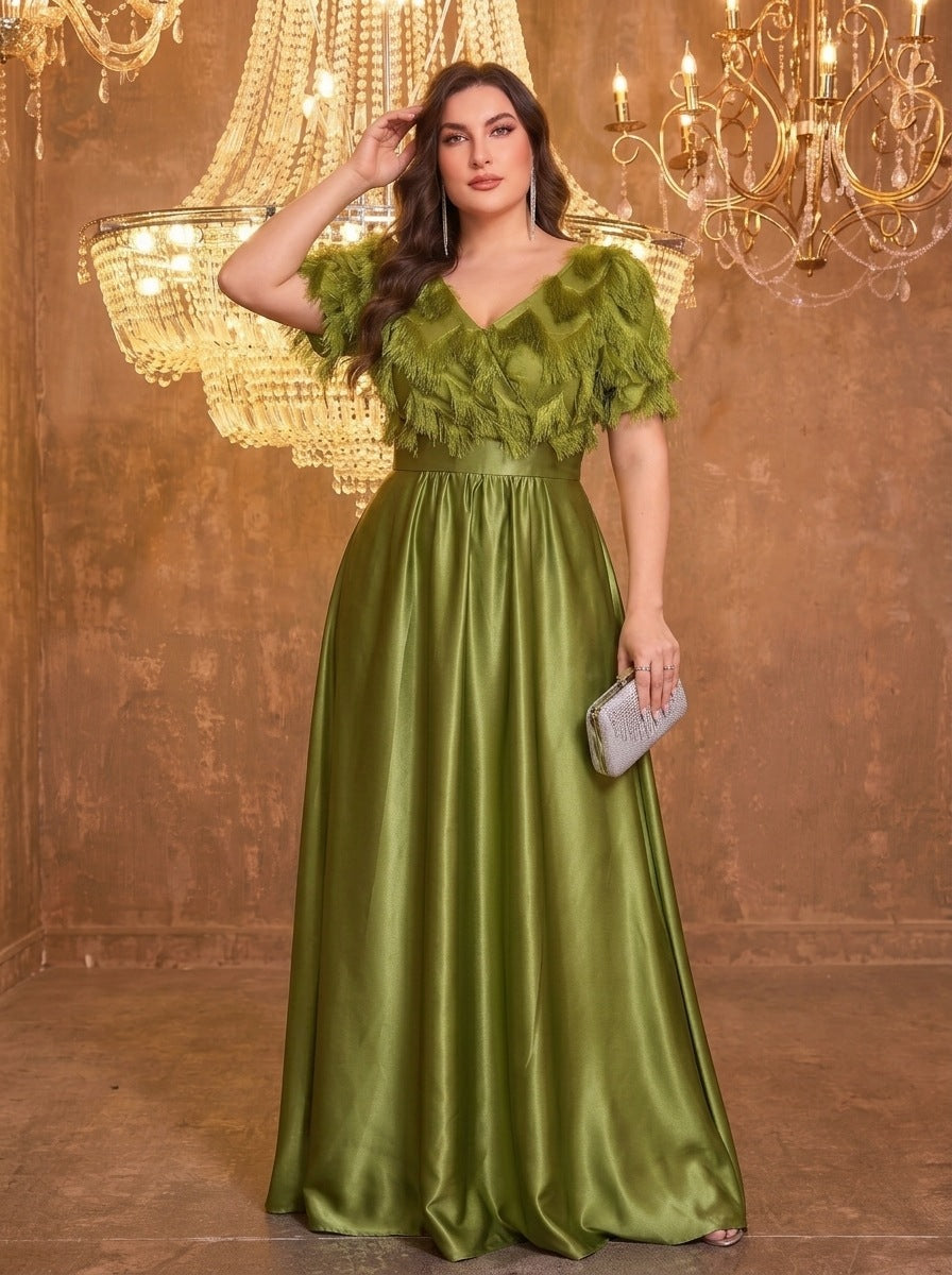 Faux Fur and Tassel Jacquard Knit Evening Gown