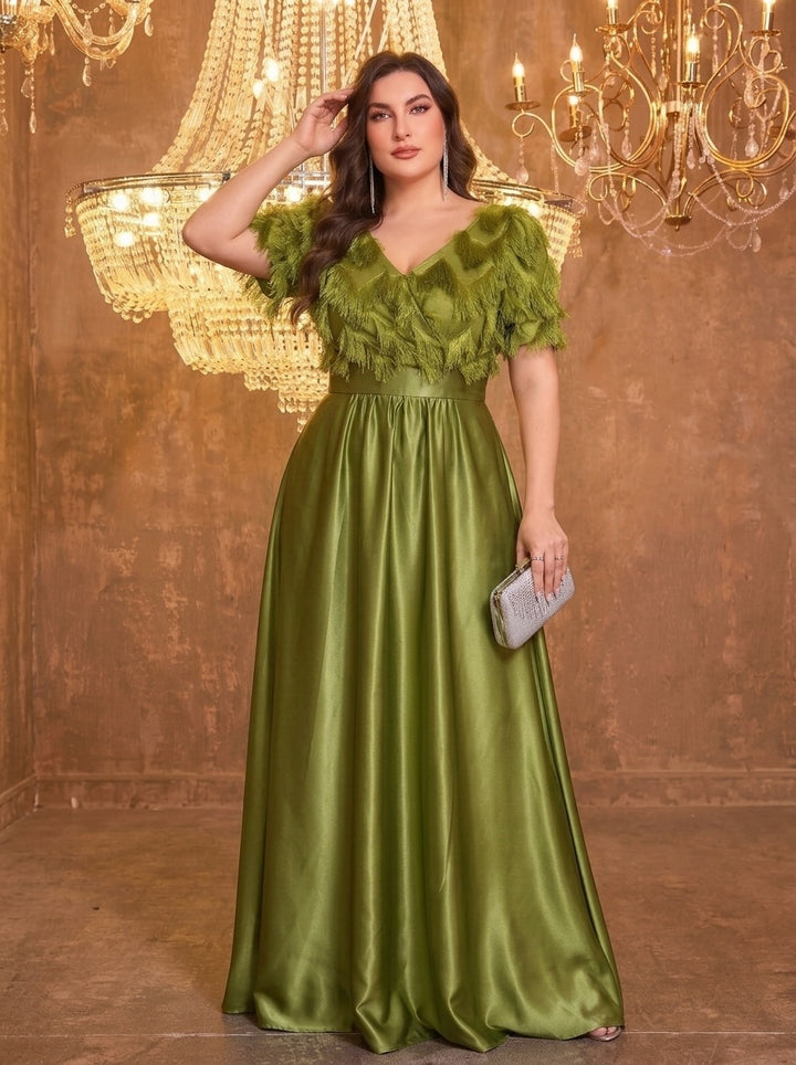 Faux Fur and Tassel Jacquard Knit Evening Gown