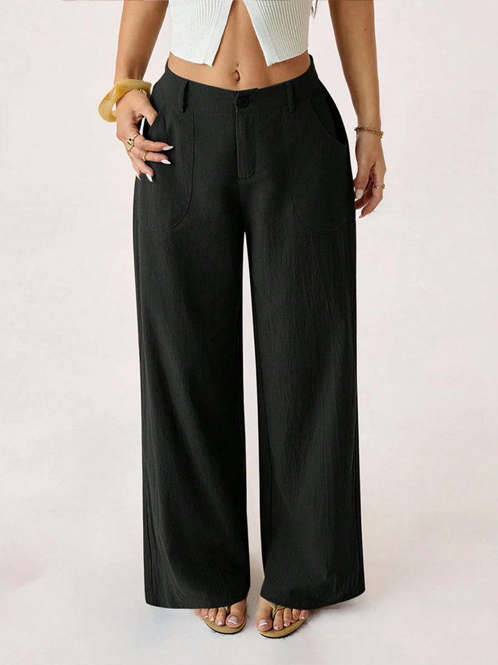 Mid-waisted straight-leg cotton-linen wide-leg pants