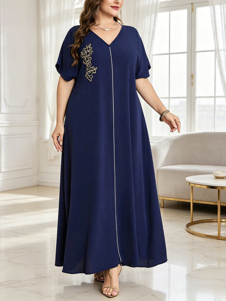 Plus-size V-neck dress with leaf embroidery