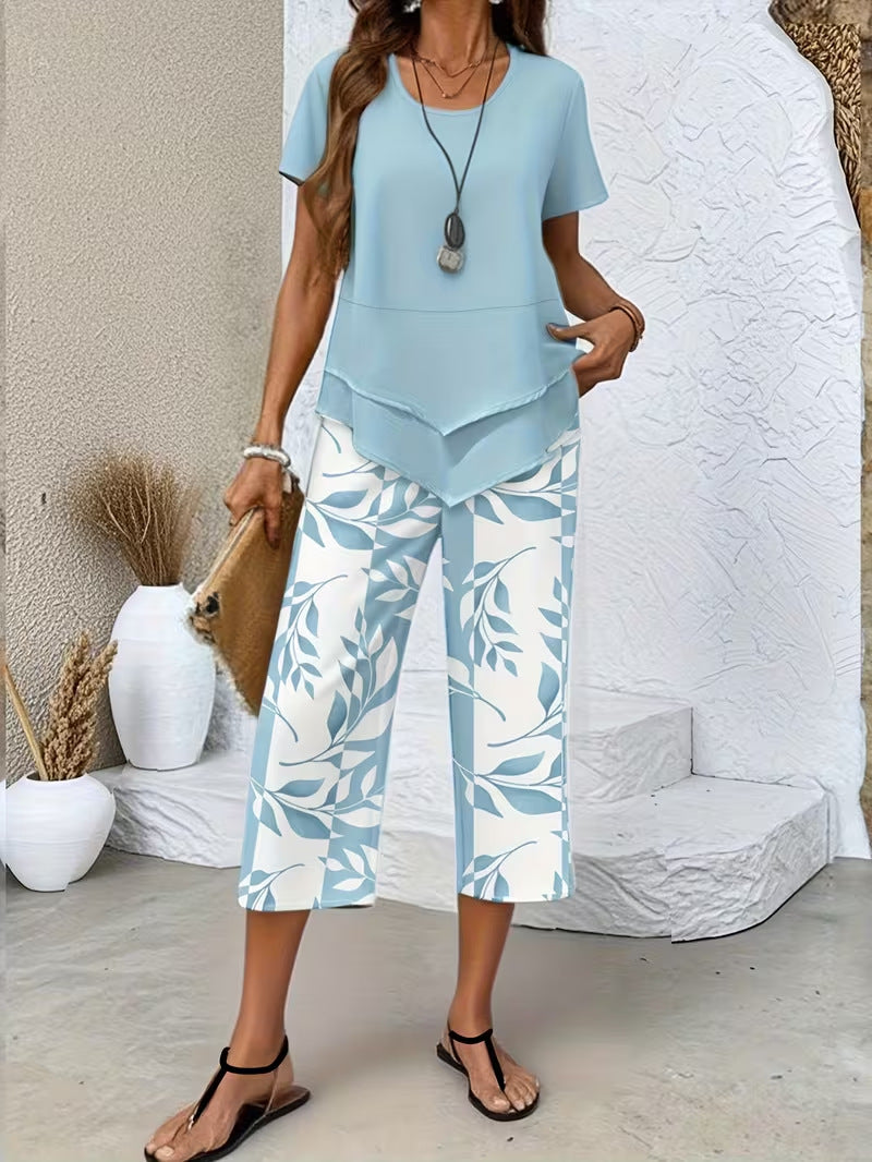 Two-layer short-sleeve and wide-leg pant set
