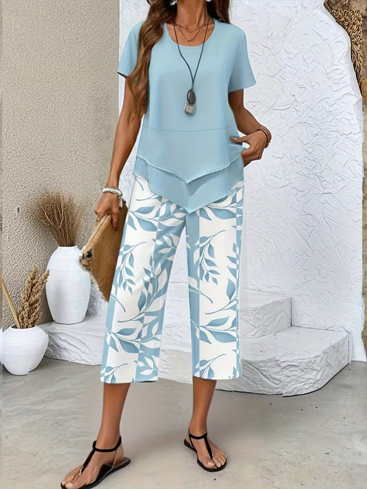 Two-layer short-sleeve and wide-leg pant set