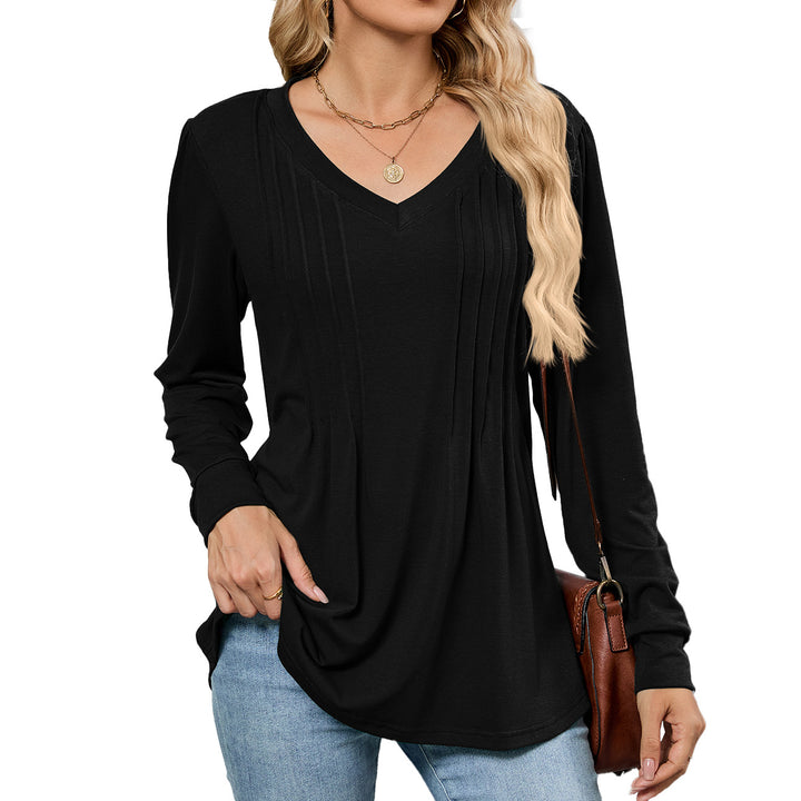 V-neck loose long-sleeved T-shirt top