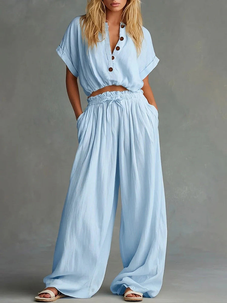 Casual Solid Color Loose Short Sleeve Top &amp; Long Pants Two Piece Set