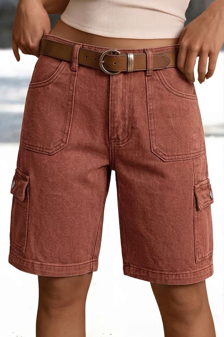 Vintage-wash denim utility shorts