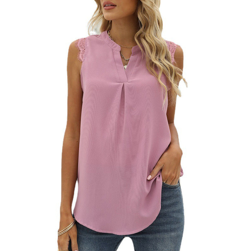 Solid color loose V-neck sleeveless lace-trimmed shirt