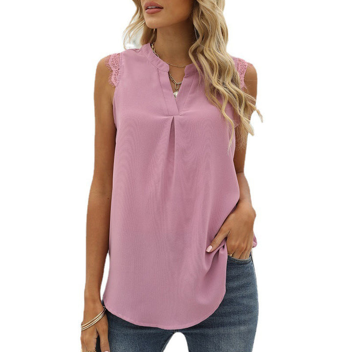 Solid color loose V-neck sleeveless lace-trimmed shirt