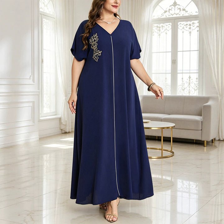 Plus-size V-neck dress with leaf embroidery