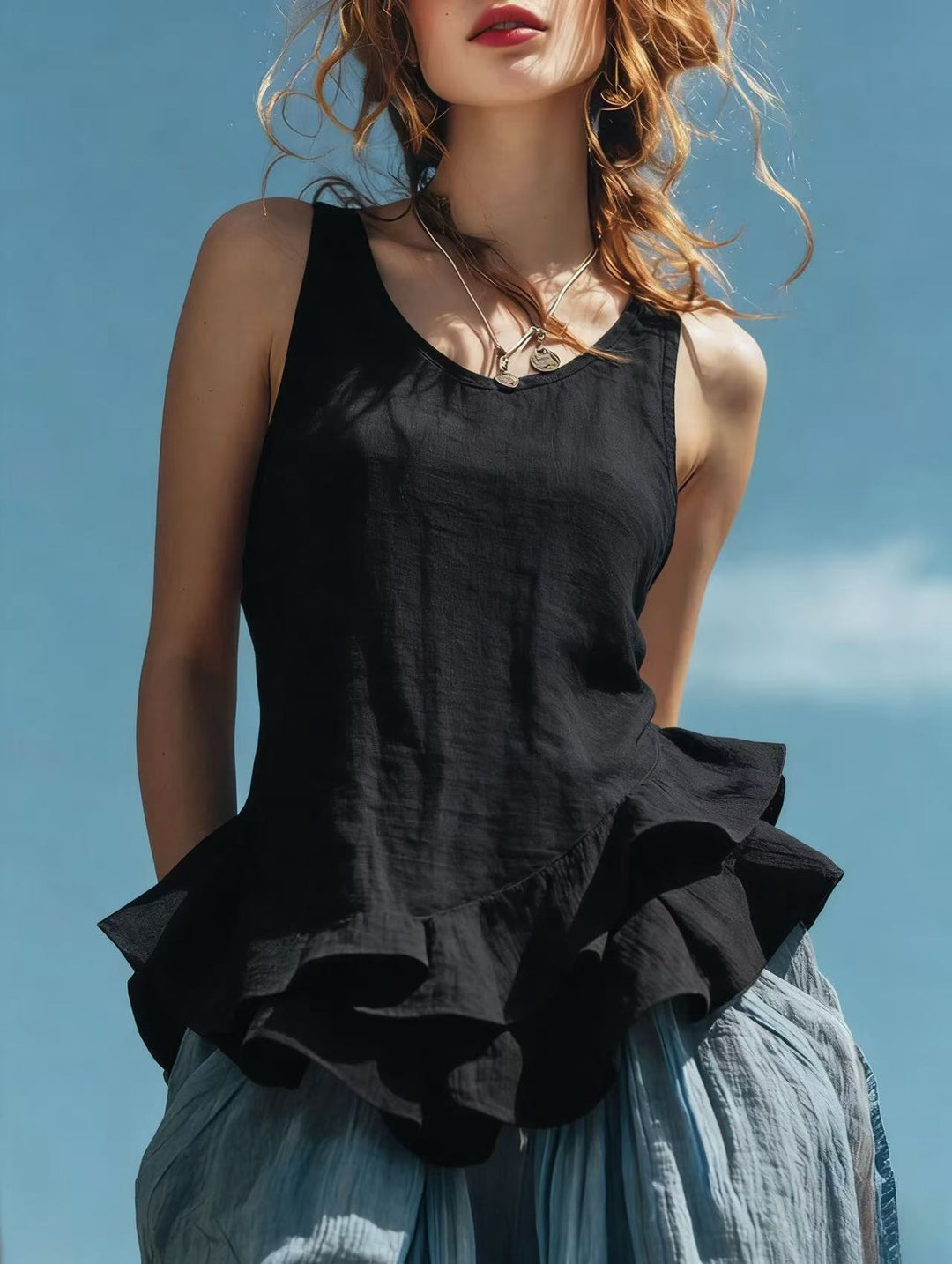Women’s Sleeveless Ruffle Hem Cotton Linen Top