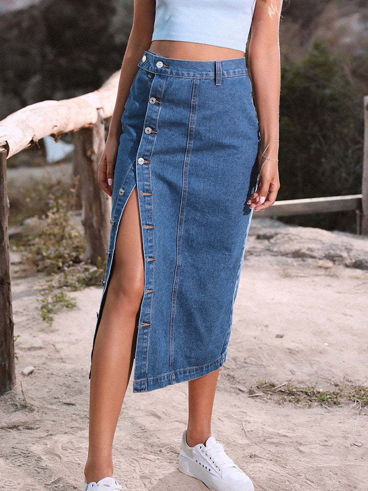 High Waist Irregular Split Denim Maxi Skirt