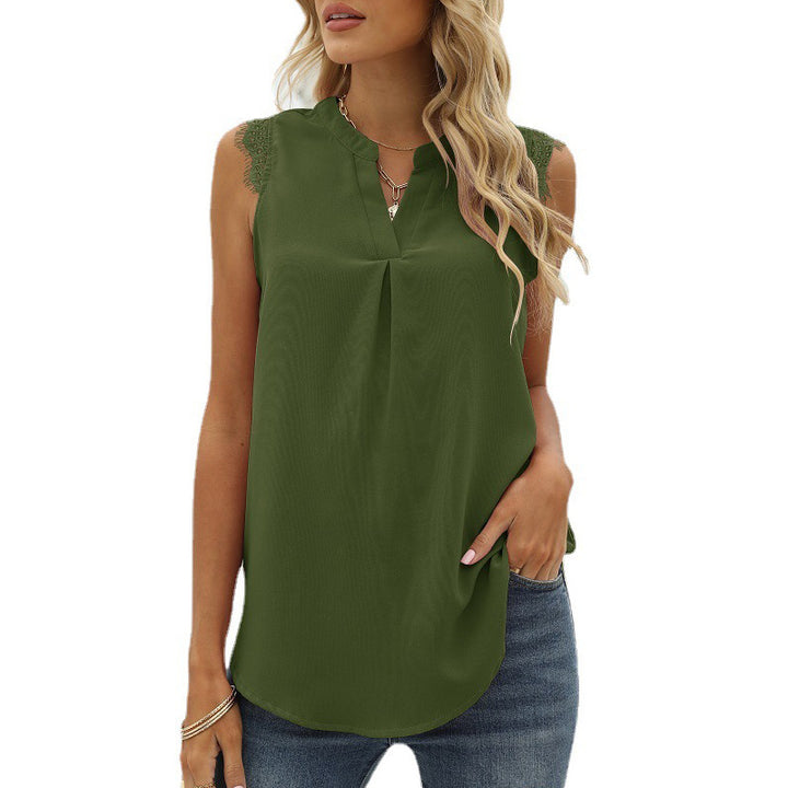 Solid color loose V-neck sleeveless lace-trimmed shirt