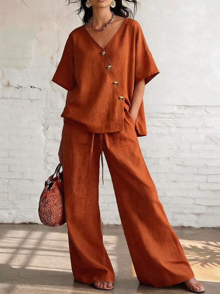 Short-sleeved diagonally buttoned top and drawstring wide-leg pants set