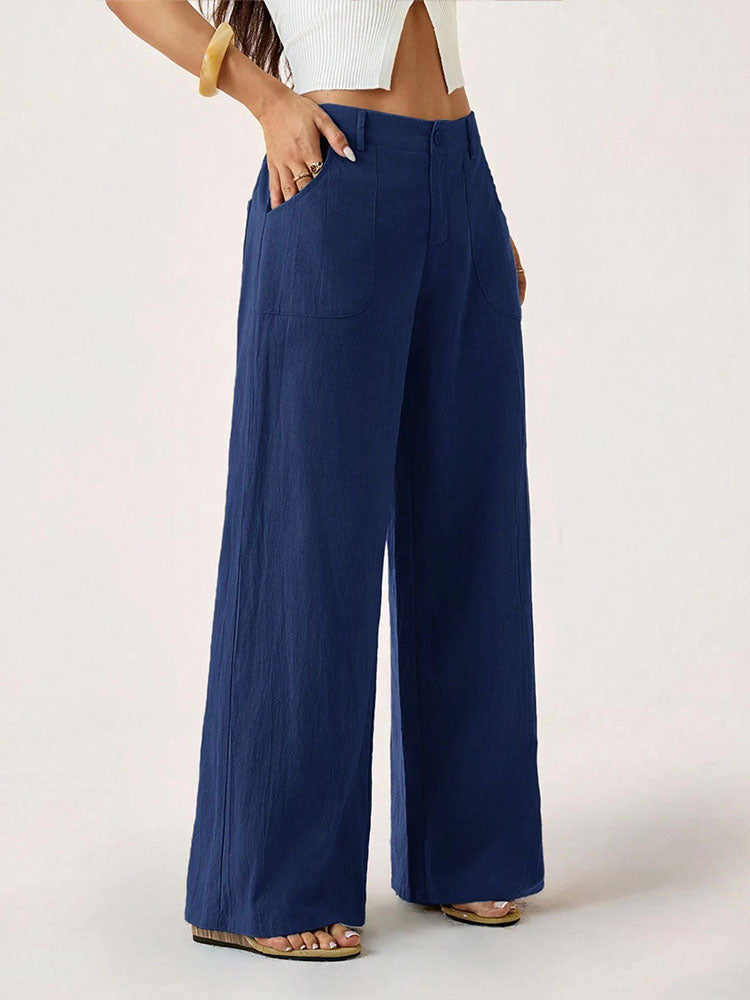 Mid-waisted straight-leg cotton-linen wide-leg pants