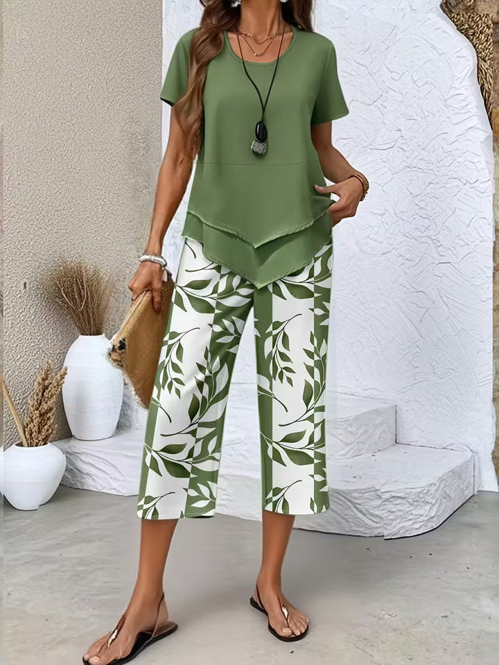 Two-layer short-sleeve and wide-leg pant set