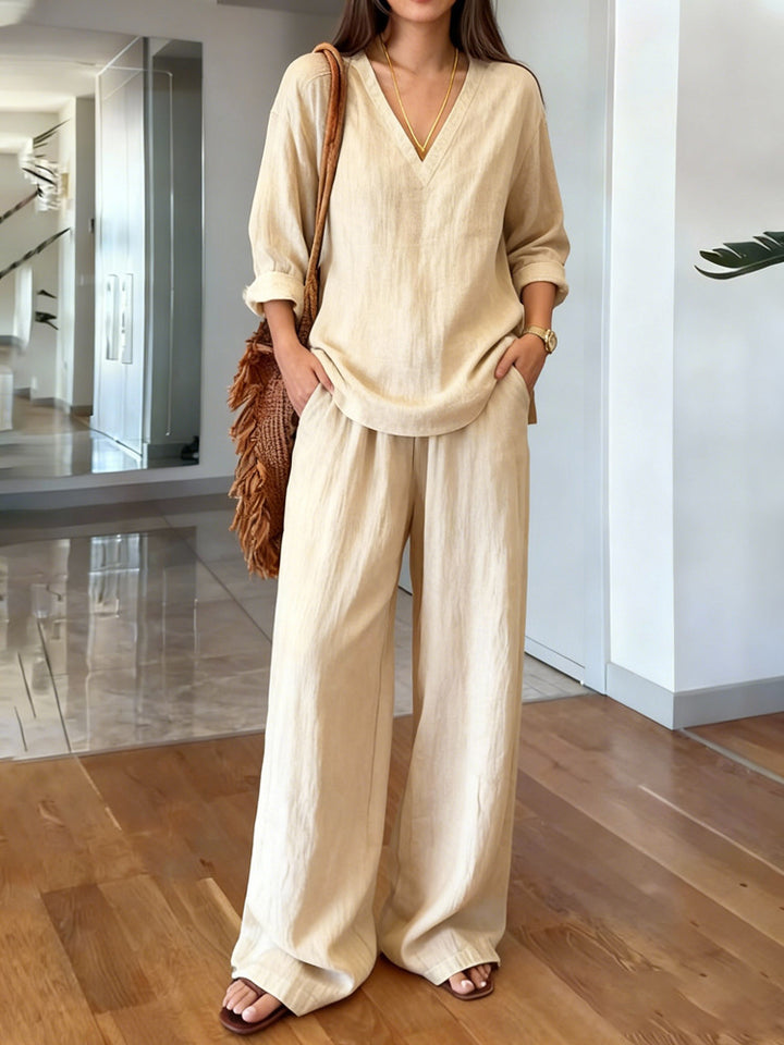 V-neck long-sleeve pullover and long pants set