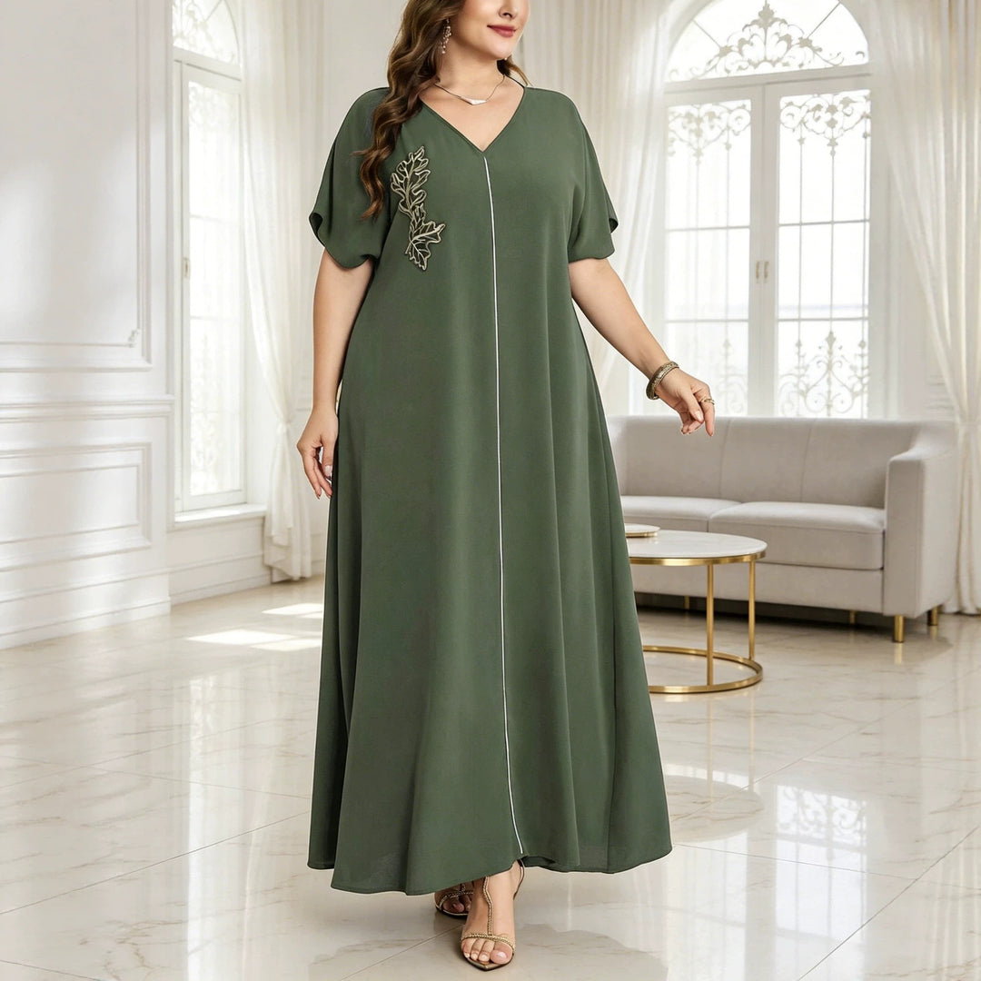 Plus-size V-neck dress with leaf embroidery