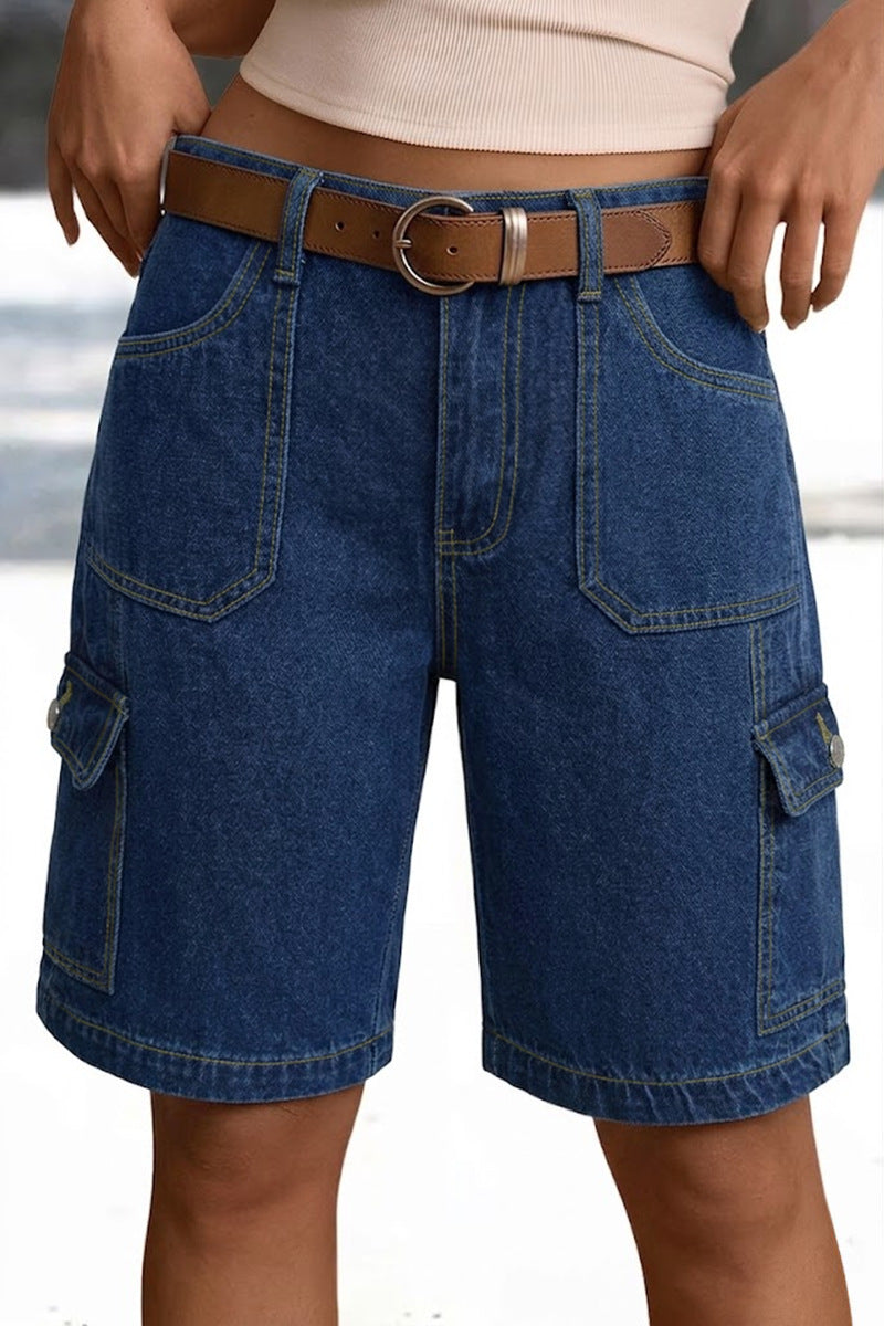 Vintage-wash denim utility shorts