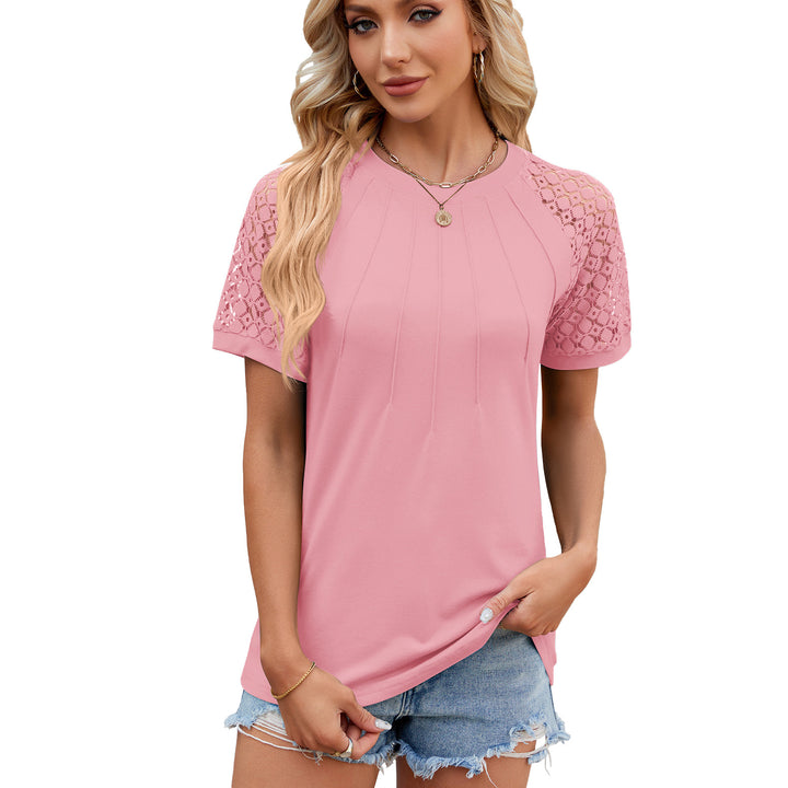 Solid color round neck short-sleeved T-shirt with lace trim