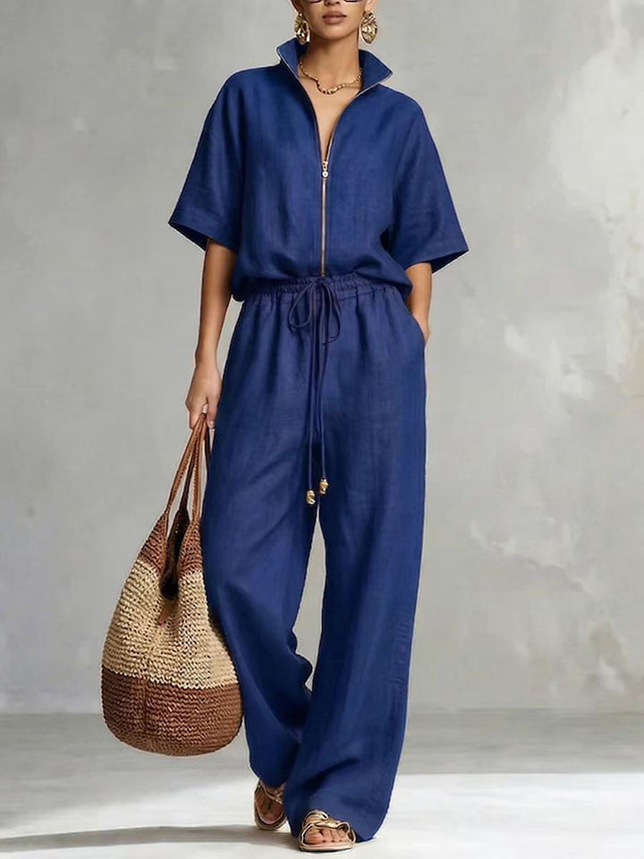 Half-zip stand-up collar top and wide-leg pants suit