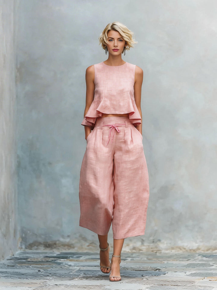 Linen-blend ruffled two-piece set