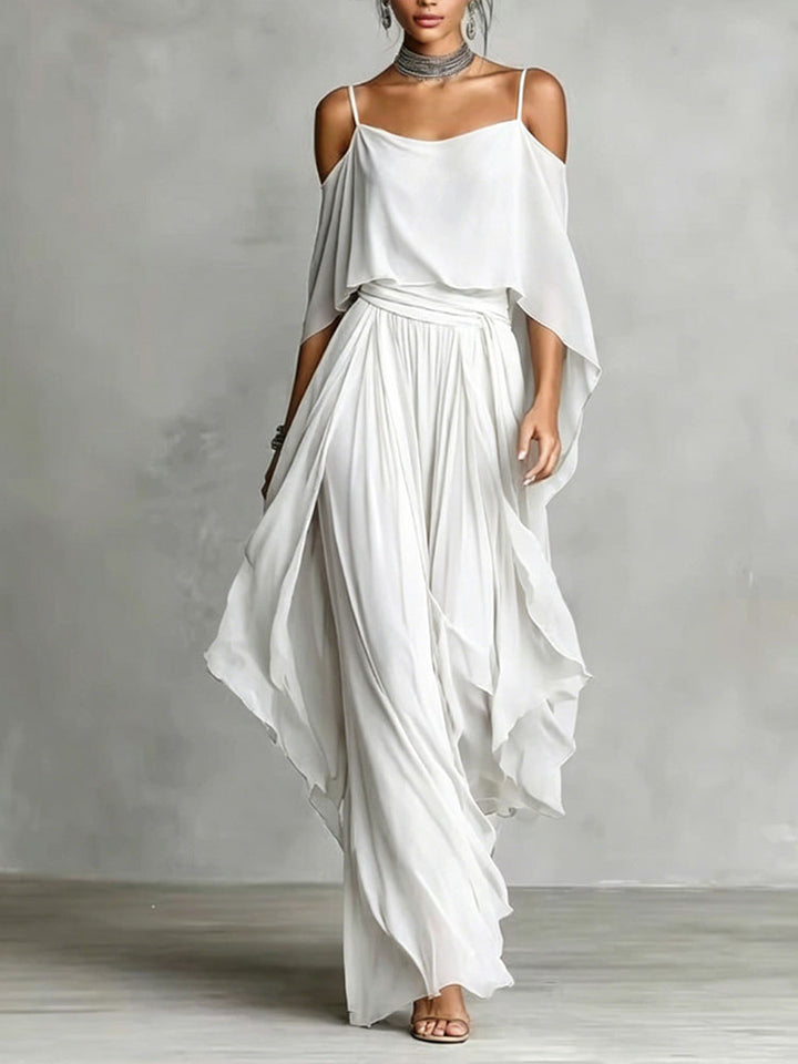 A halter-neck off-shoulder top and asymmetrical wide-leg pants set