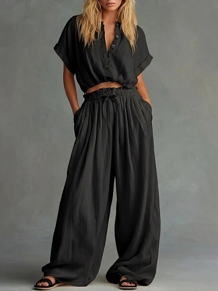 Casual Solid Color Loose Short Sleeve Top &amp; Long Pants Two Piece Set