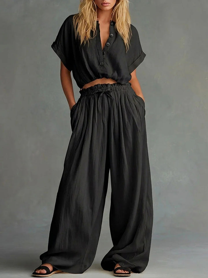 Casual Solid Color Loose Short Sleeve Top &amp; Long Pants Two Piece Set