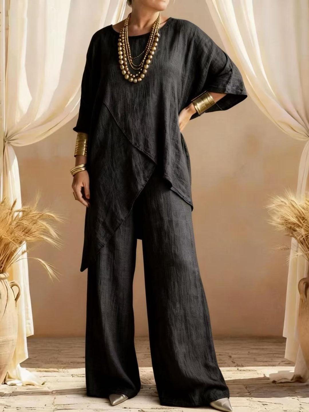 Casual Cotton-Linen Asymmetrical Two-Piece Set