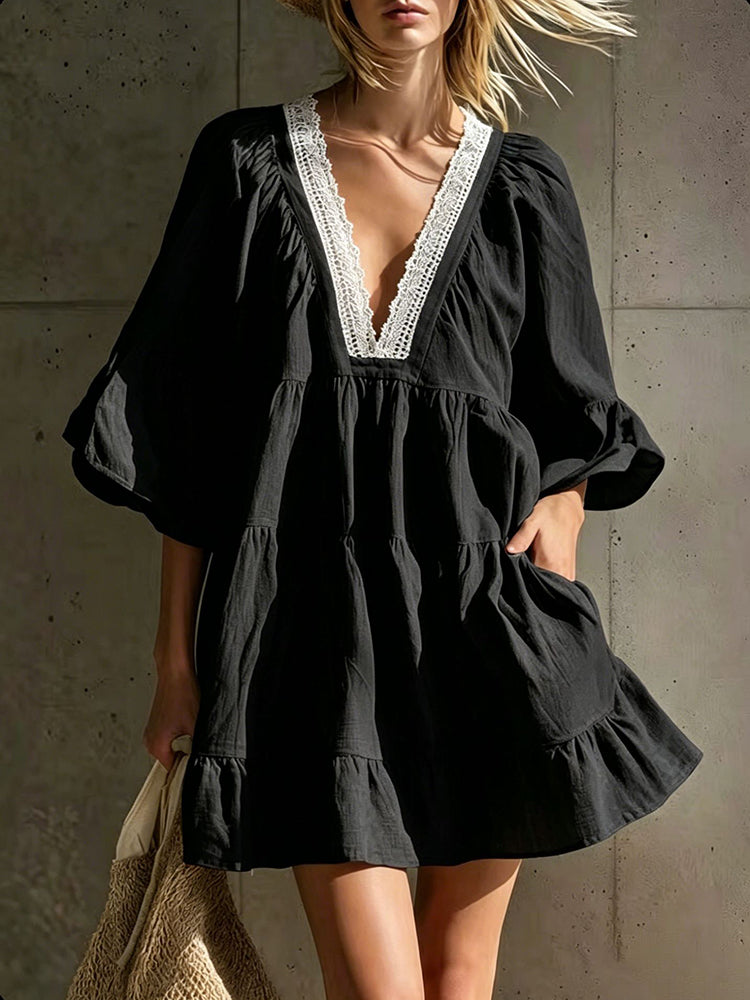 Women’s V-Neck Lace Short Dress