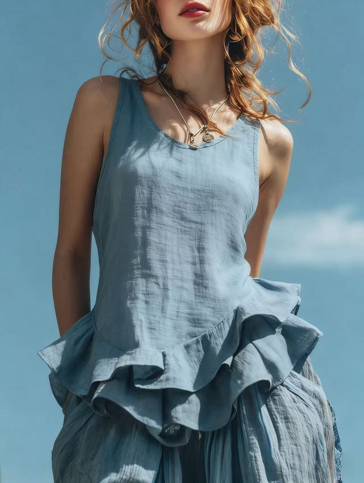 Women’s Sleeveless Ruffle Hem Cotton Linen Top