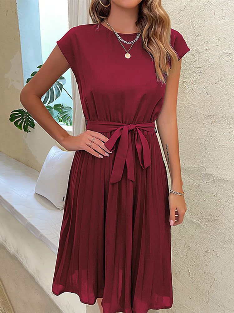 Tie Small Flutter Sleeves Pleated Casual Dress