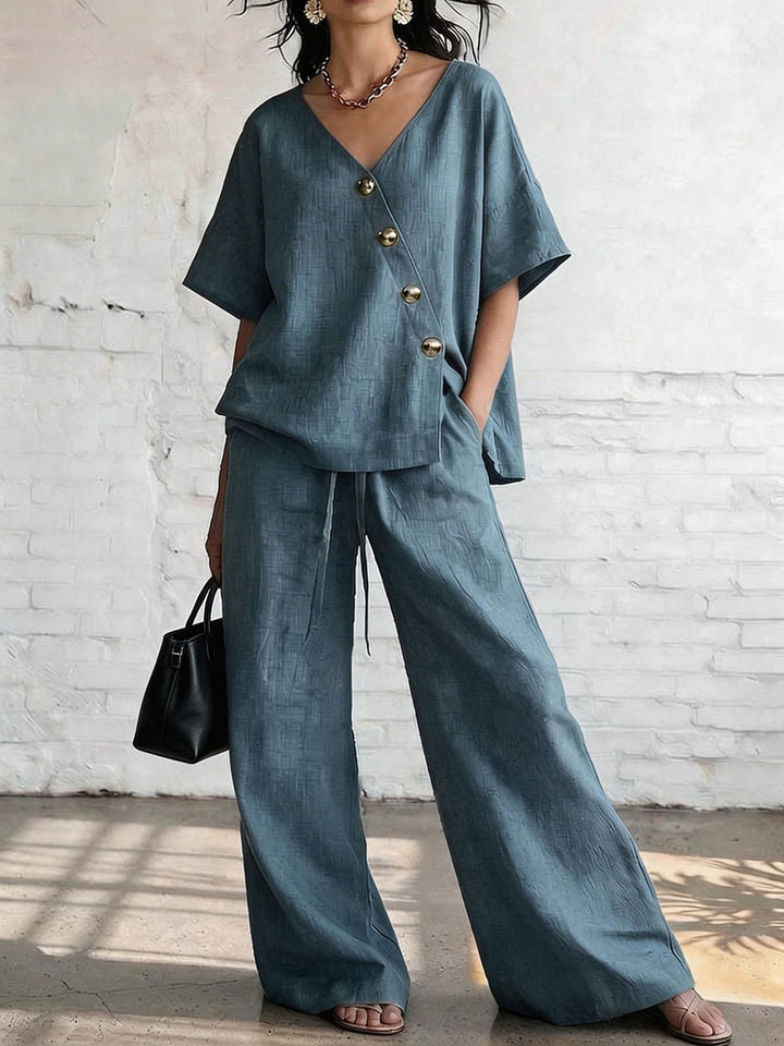 Short-sleeved diagonally buttoned top and drawstring wide-leg pants set