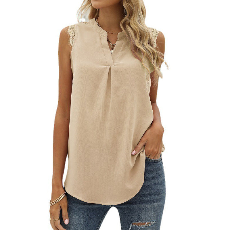 Solid color loose V-neck sleeveless lace-trimmed shirt