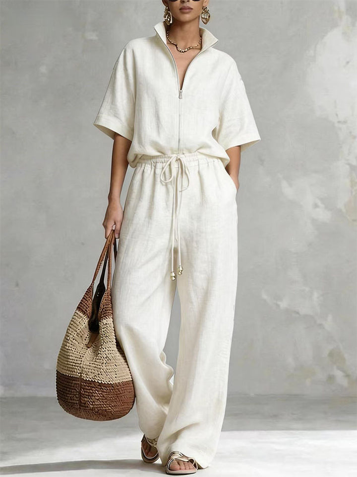 Half-zip stand-up collar top and wide-leg pants suit