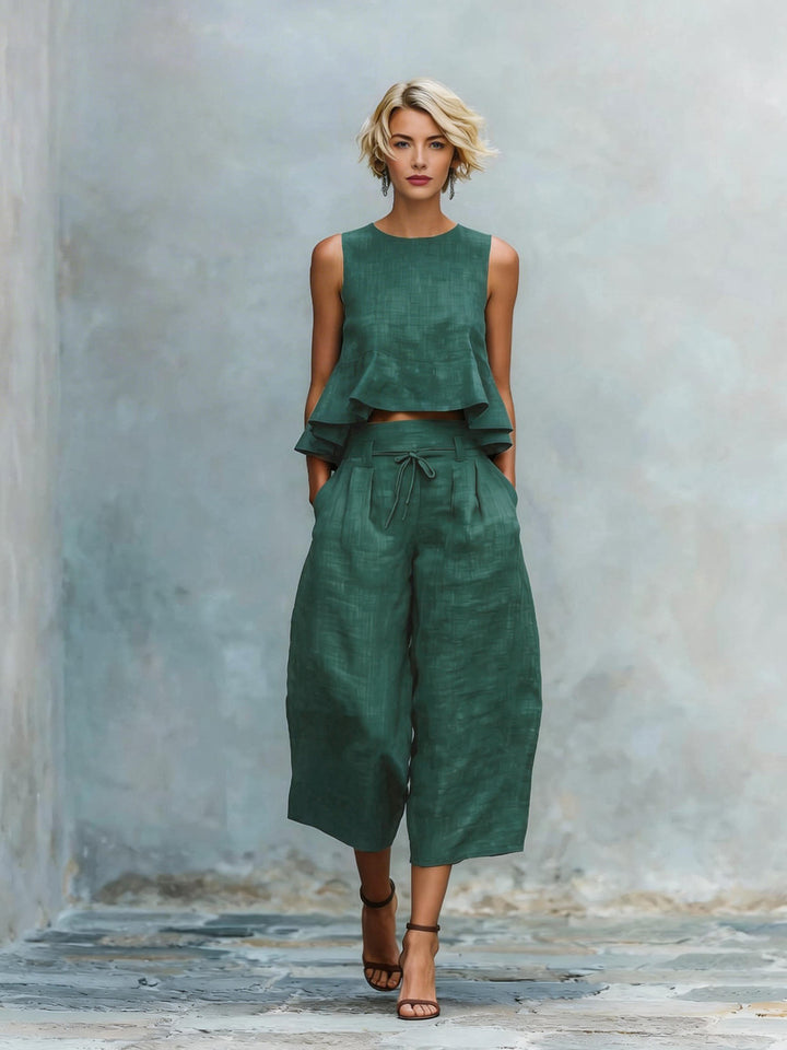 Linen-blend ruffled two-piece set